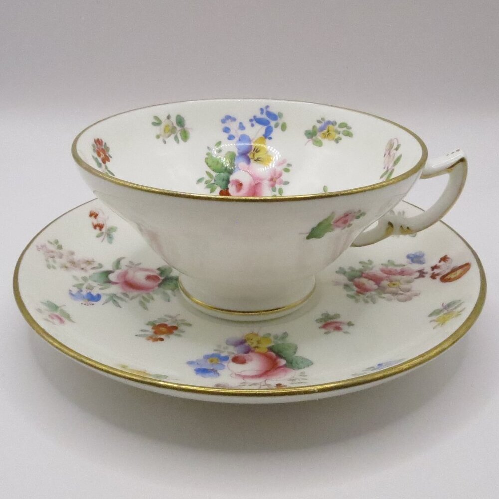 Mintons Antique Teacup and Saucer H2629 Pink Rose Blue Yellow Red Floral England
